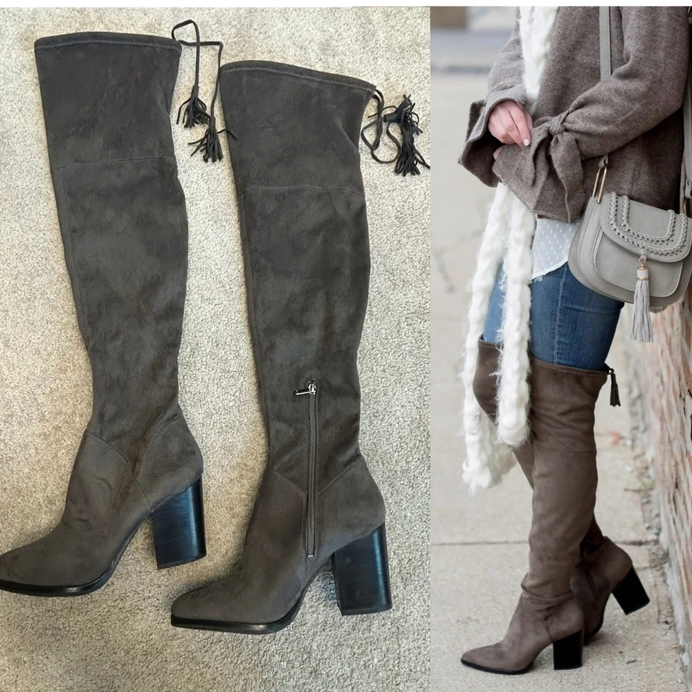 Marc Fisher gray faux suede knee-high over the knee tassel boots chunky heel 9